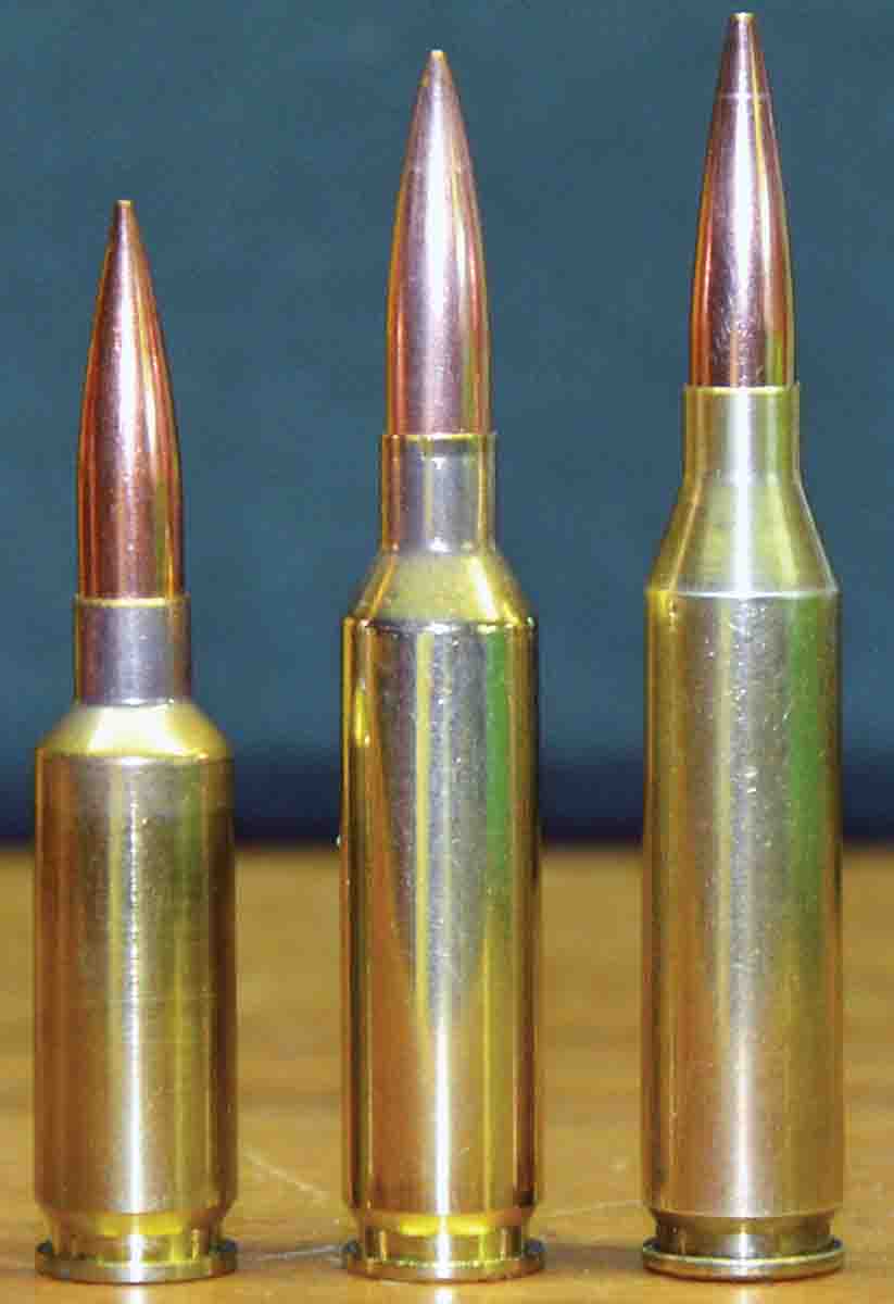 Capacity of the 6mm GT case (center) is slightly more than the 6mm Dasher (left) and a bit less than the 6mm Lapua (right). All are popular accuracy cartridges.